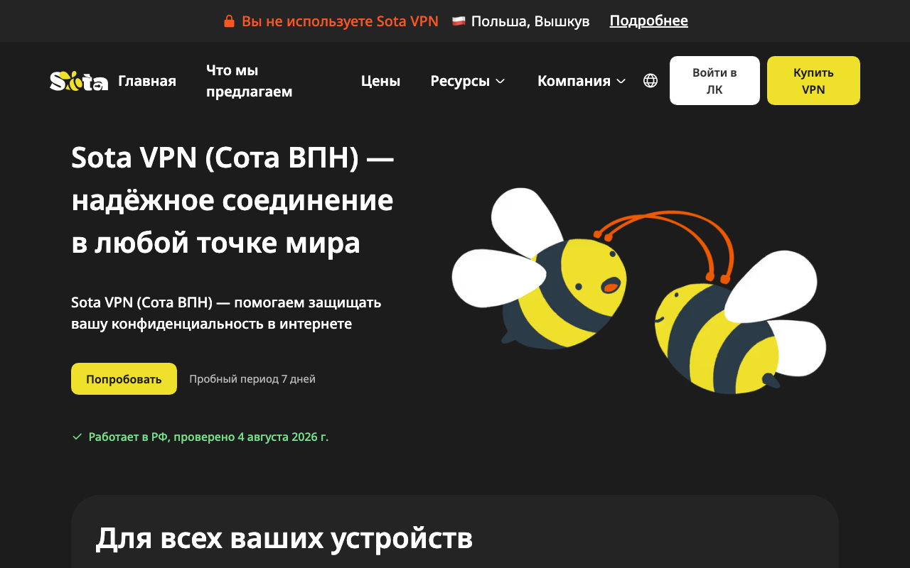 Главная страница сайта Sota VPN (Сота ВПН), август 2026