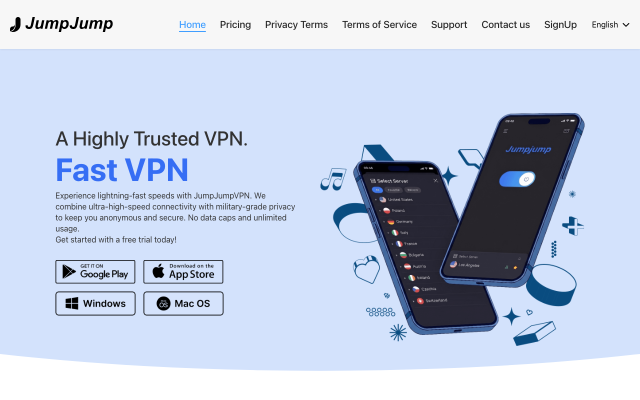 Главная страница сайта Jump Jump VPN (jumpjump.io), август 2026