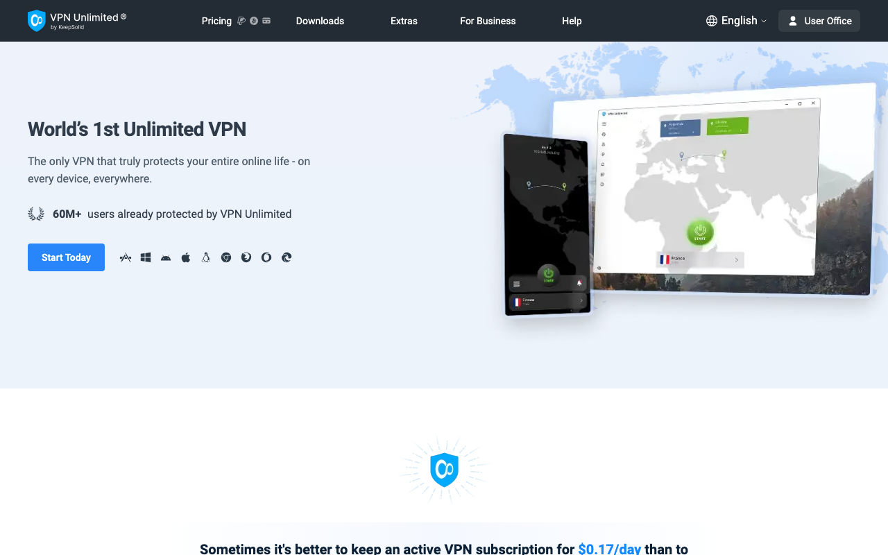 Главная страница сайта VPN Unlimited (vpnunlimited.com), август 2026